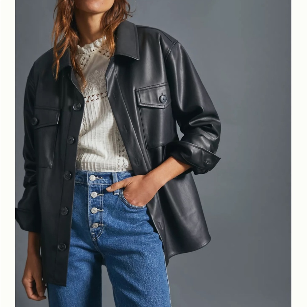 Anthropologie Sanctuary Black Faux Leather Pocket Shirt Jacket Size Large NWT